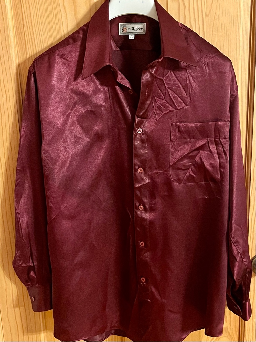 VTG 80s 90s Modena Burgundy Satin Long Sleeve Men Dress Shirt Size L 16 No Flaws